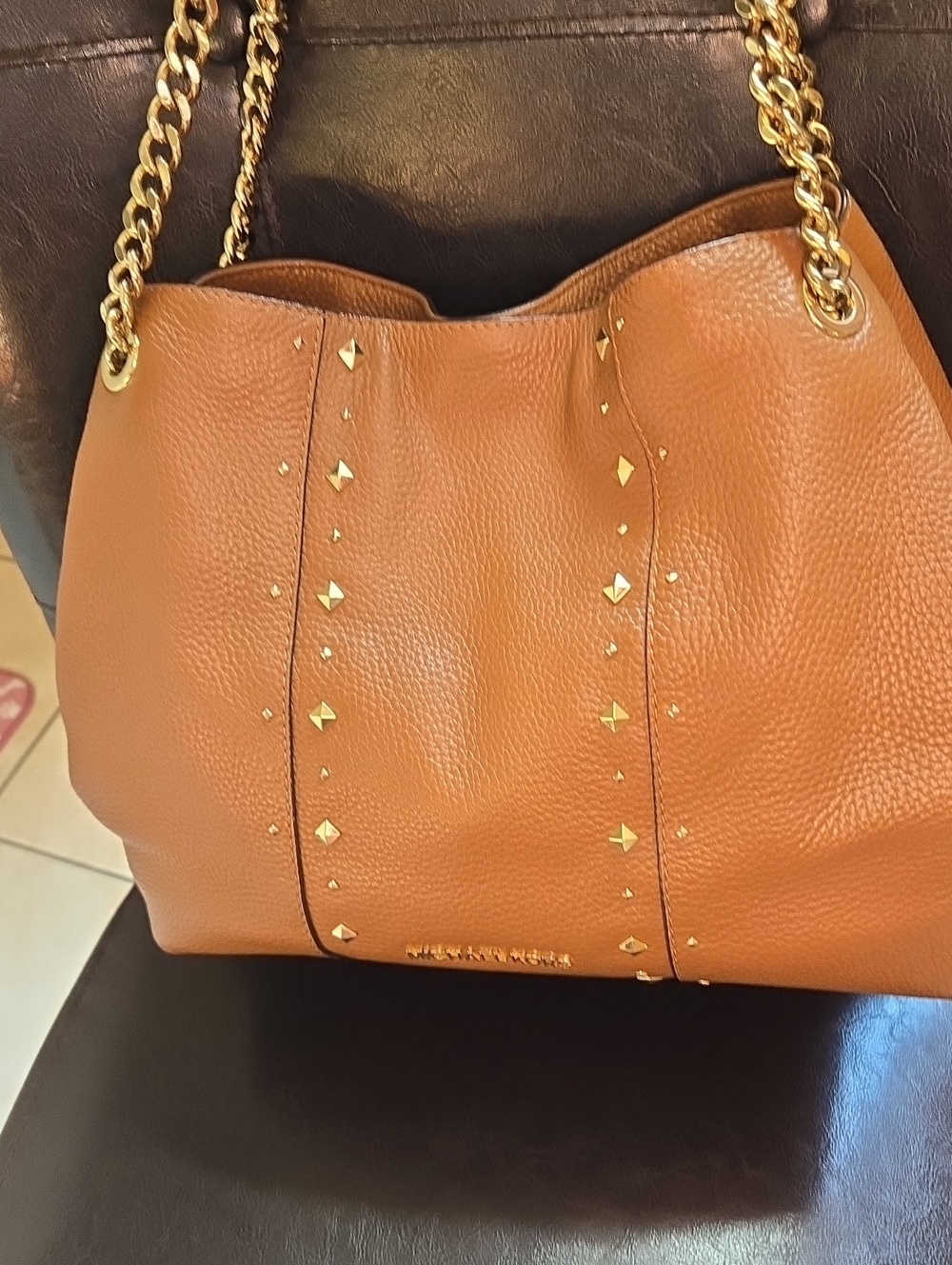 Michael Kors Chestnut Pebbled Leather Shoulder Bag with Gold Studs